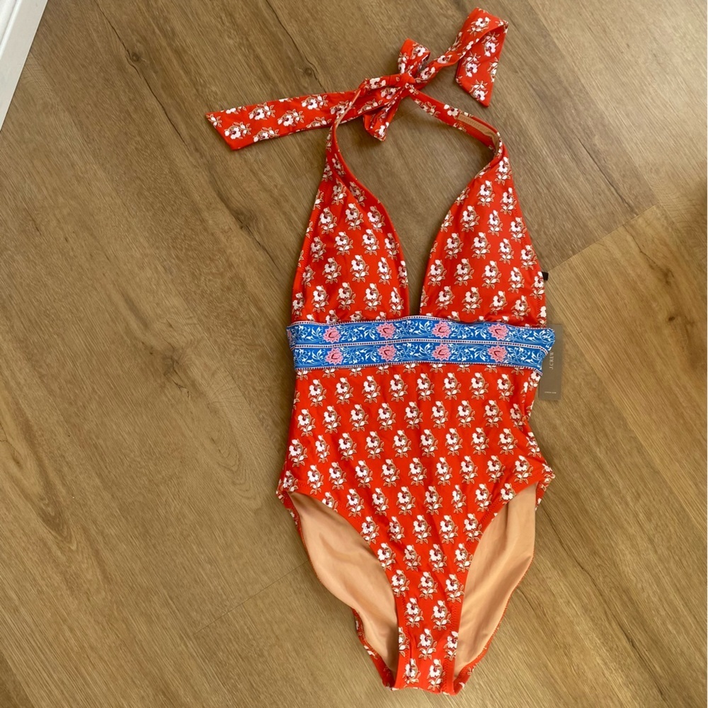 J. Crew Red Floral Halter One-Piece Swimsuit with Blue Trim